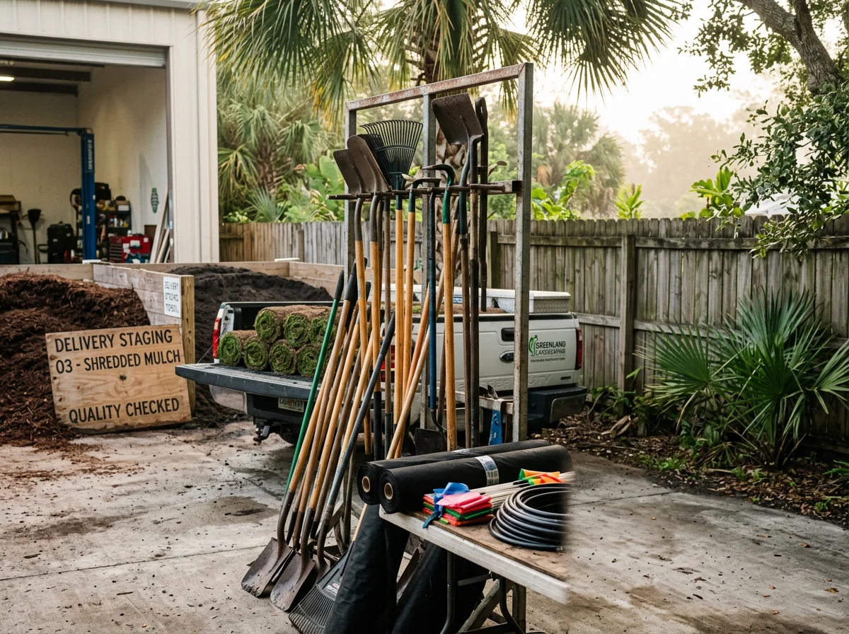 Landscape installation crew with tools and equipment ready for a residential project.