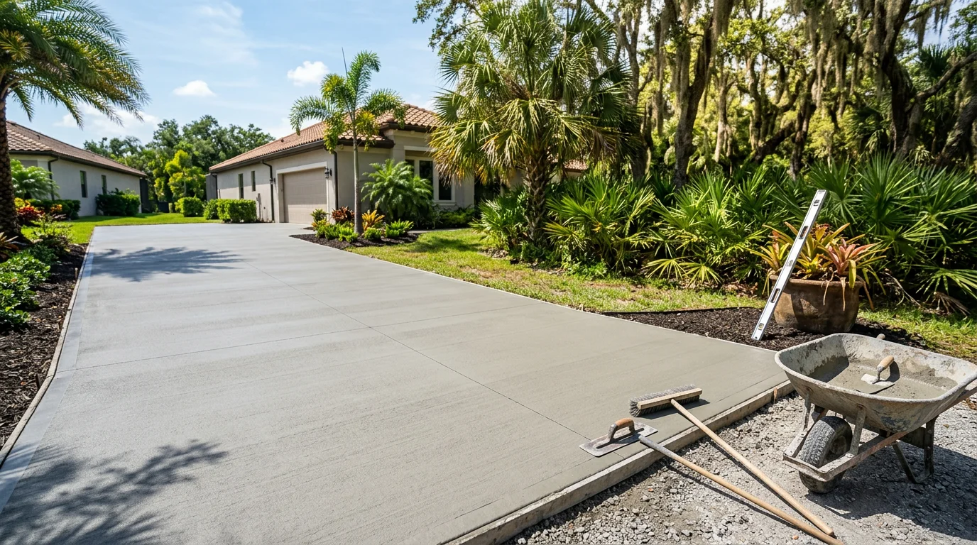 Finished concrete patio adjacent to paver pathway and landscape plants