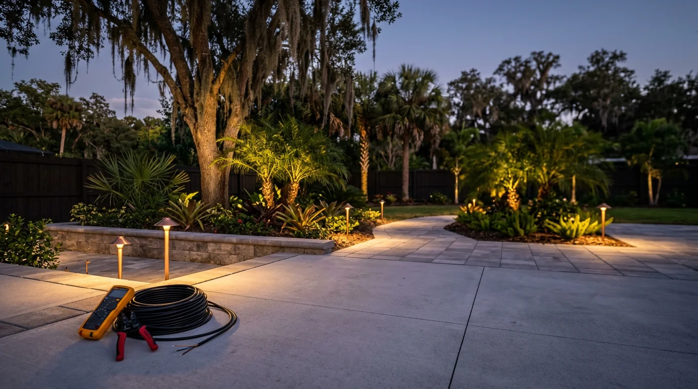 Landscape lighting installed along paver pathway and retaining wall at night