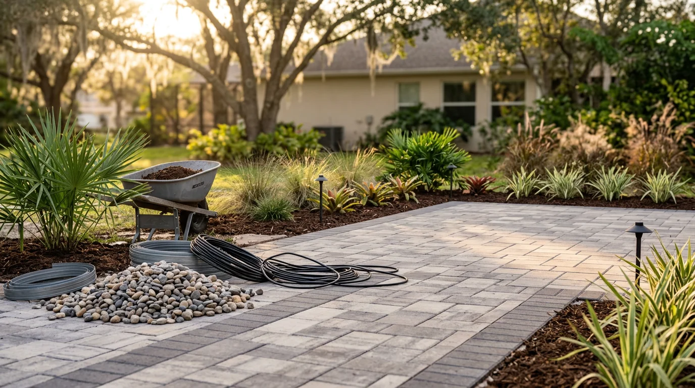 Modern landscape design with pavers, plants, and lighting in Tampa Bay home