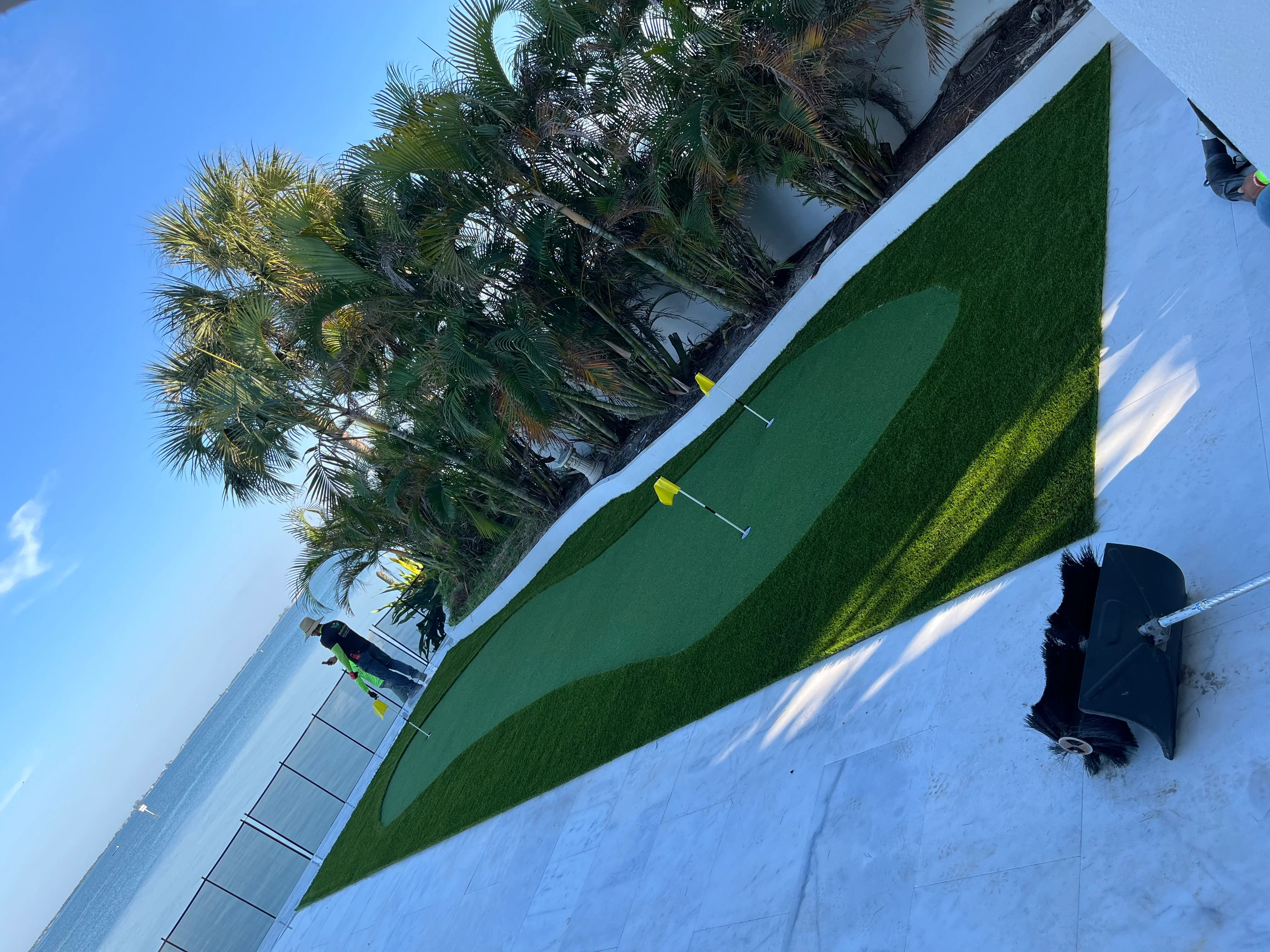 Artificial turf lawn with palm trees and concrete hardscape in residential yard
