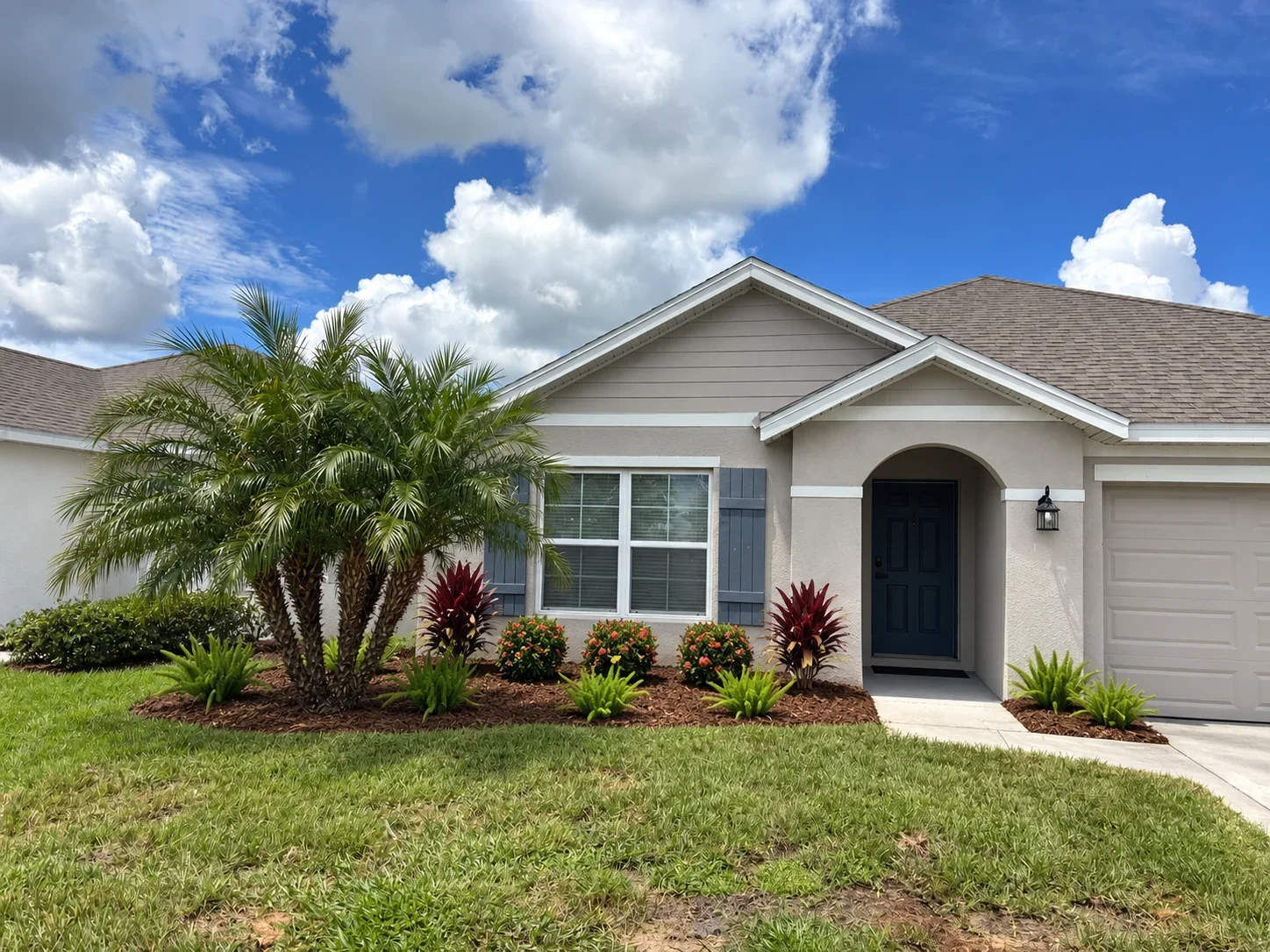 Tropical landscape with palm trees, ornamental grasses, and flowering shrubs in mulched beds
