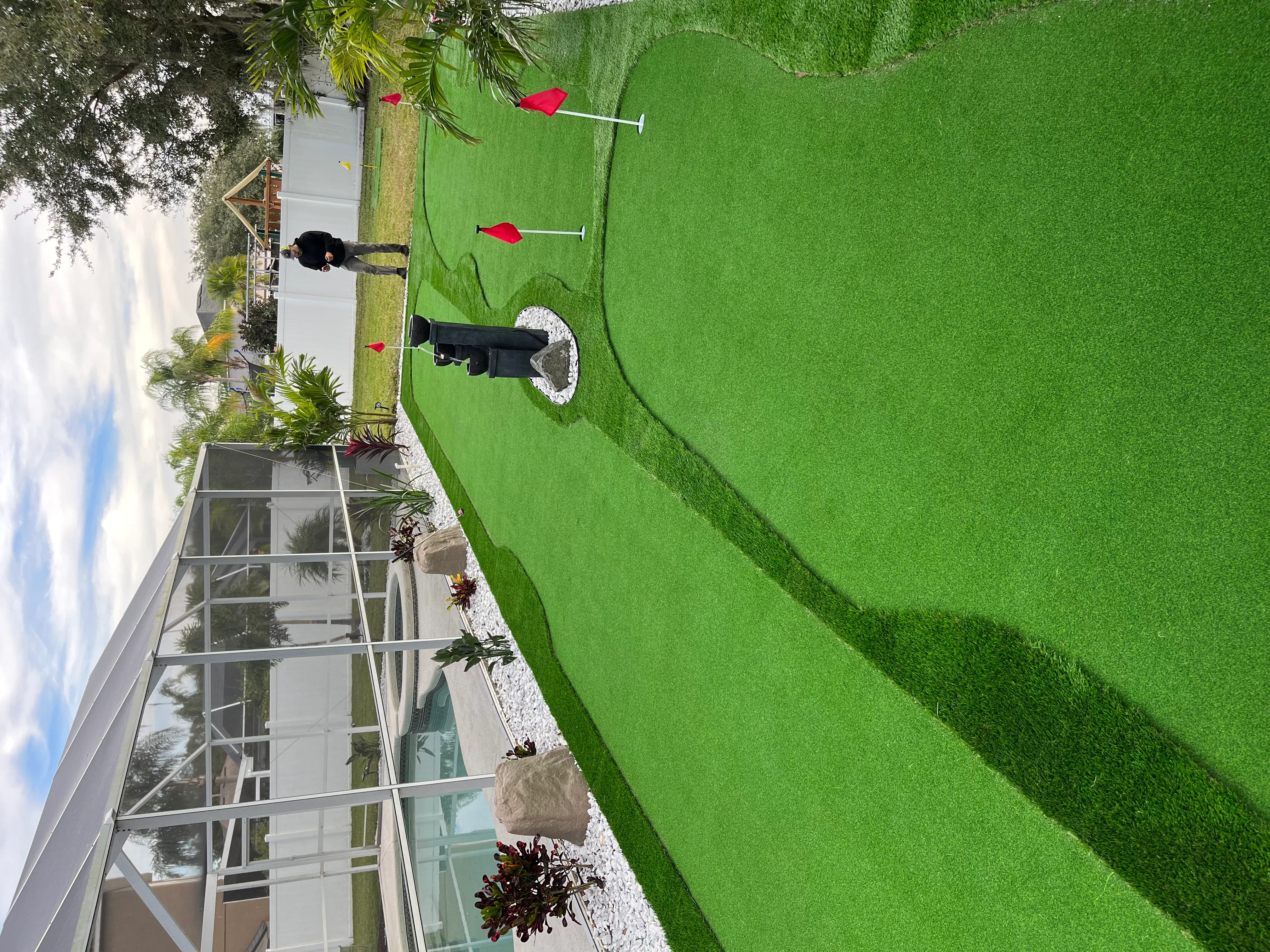 Newly installed sod lawn with curved edging, white rock borders, and foundation plantings