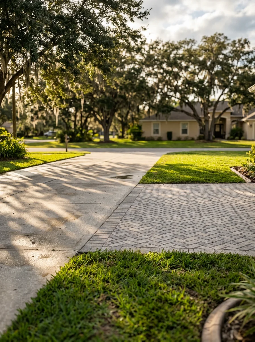 Pressure-washed concrete driveway and new paver patio installation in a Brandon backyard with resodded lawn and mature oak trees.