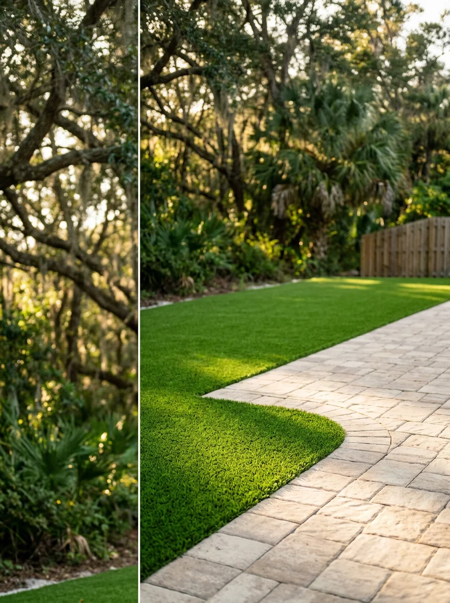 Artificial turf and paver patio installation in a Land O Lakes backyard that backs up to a conservation area with natural tree line.