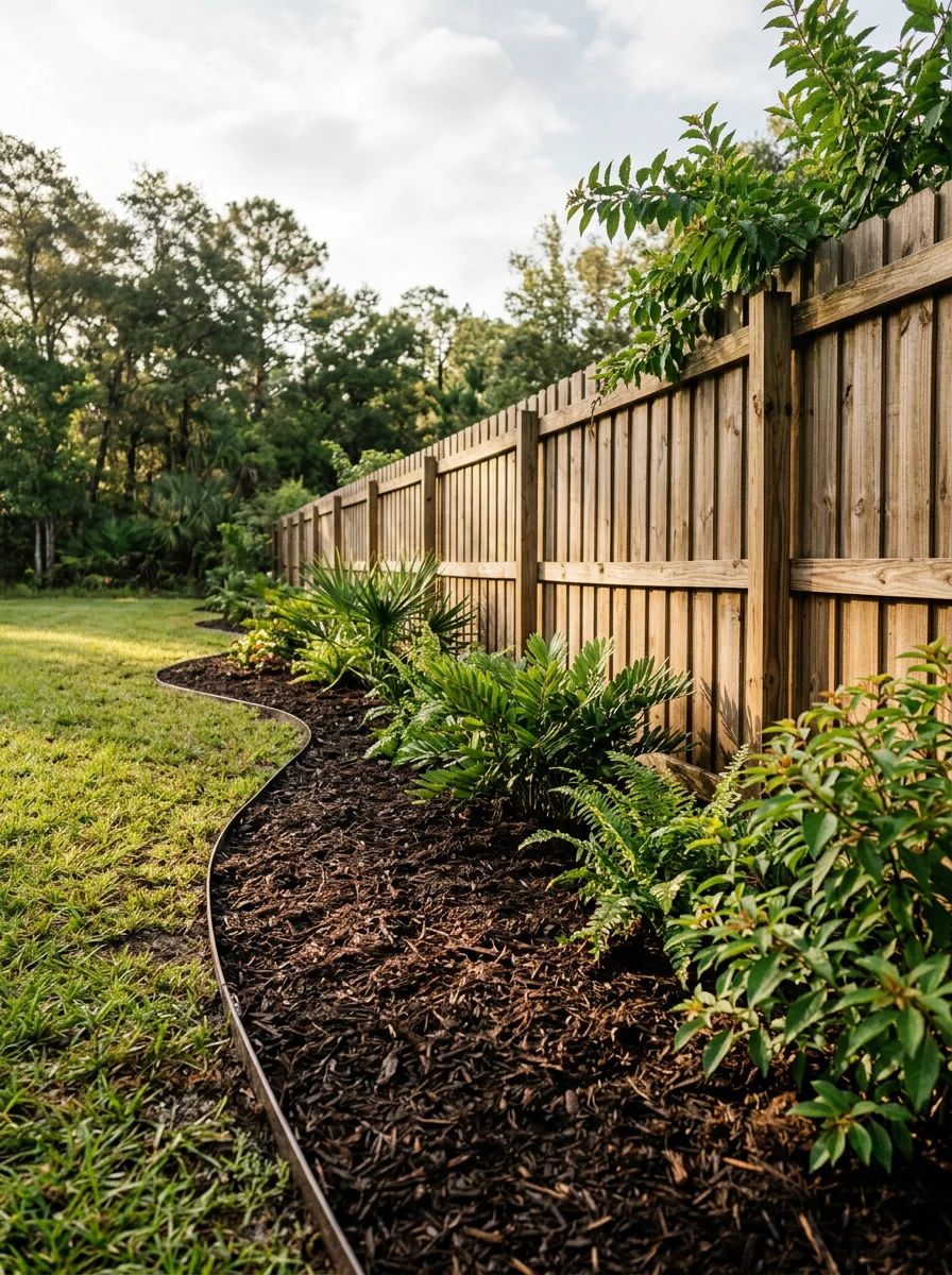 Fence installation and mulch bed landscaping on a large semi-rural Lutz property with a mix of open lawn and wooded border areas.