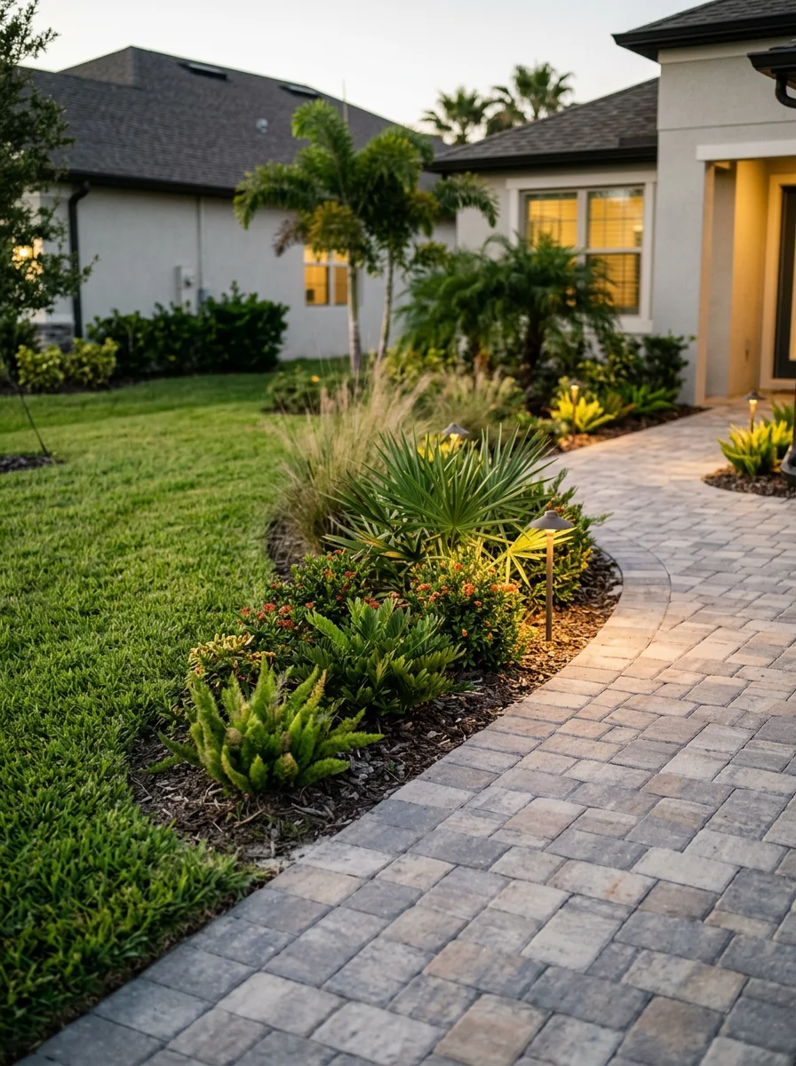 Paver walkway and plant border installation at a newer Riverview home in a community like Panther Trace, with landscape lighting at dusk.