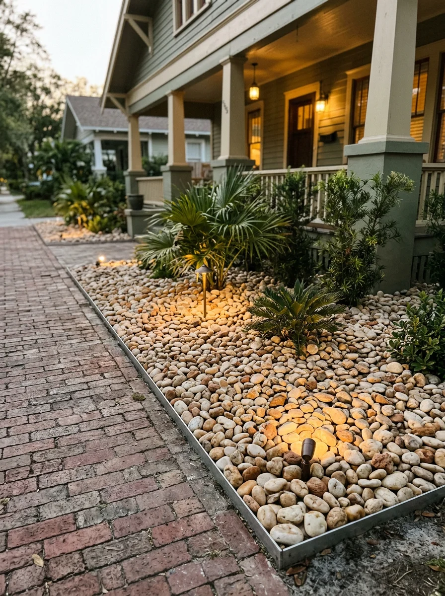 Landscape lighting and decorative rock bed installation in a small historic St. Petersburg yard with a bungalow-style home and brick street in the background.