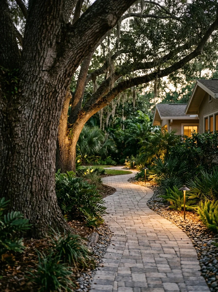 Landscape lighting and paver walkway installed at a South Tampa home with mature oak trees and a narrow side yard.