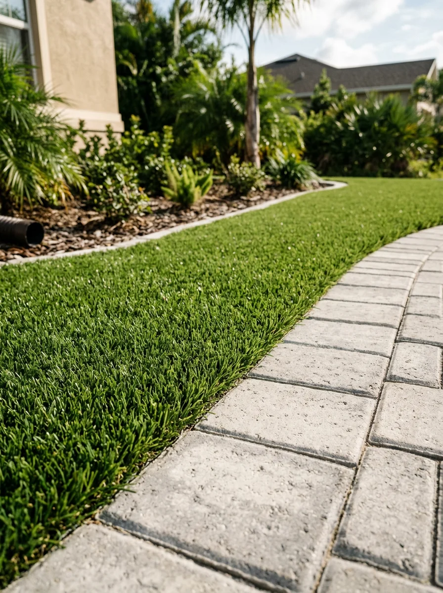 Close-up of artificial turf and paver border installation in a Wesley Chapel residential front yard with HOA-compliant landscaping.