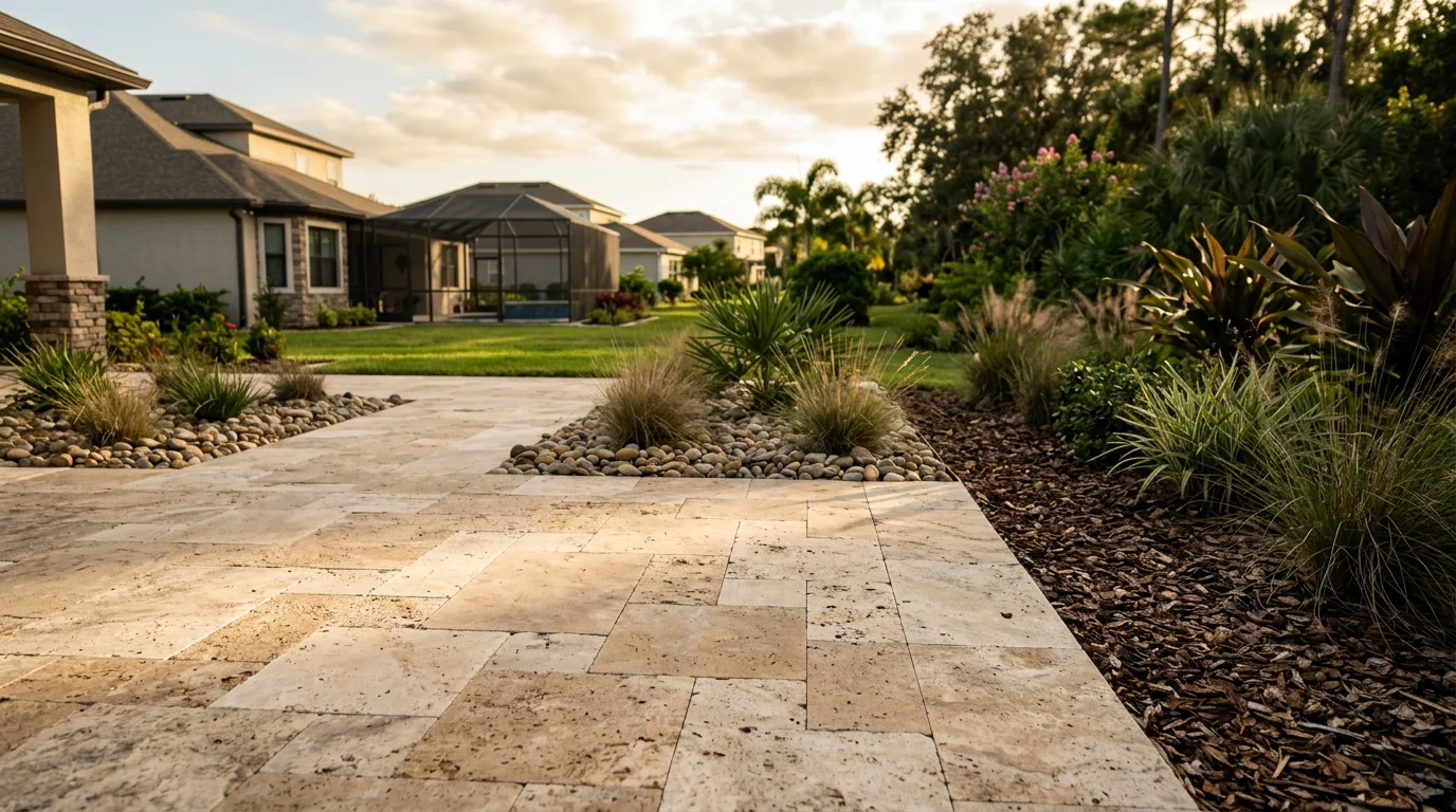 Newly installed travertine paver patio with decorative rock beds and low-maintenance plants in a Wesley Chapel master-planned community backyard.
