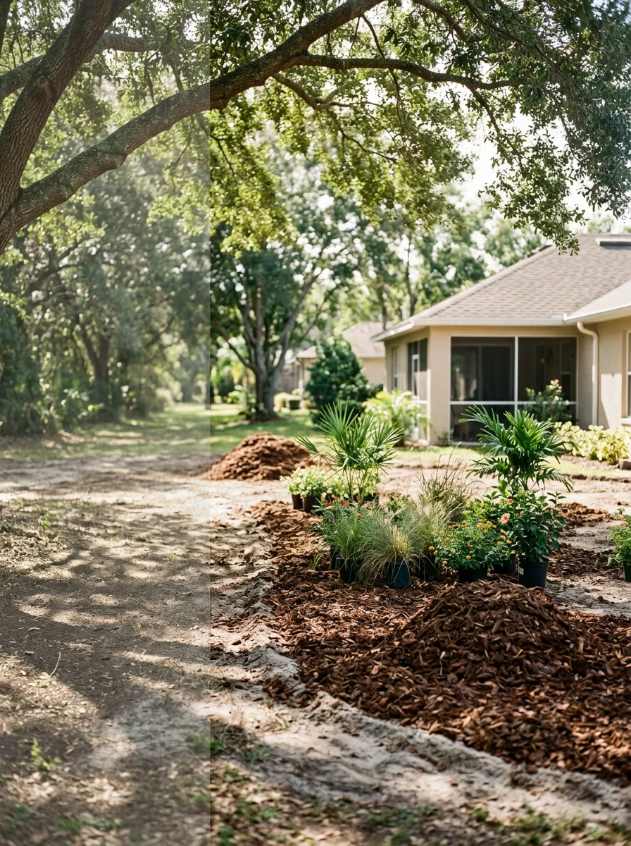 Landscape cleanup and mulch bed installation in a Zephyrhills yard with overgrown borders cleared and new plant material staged for installation.