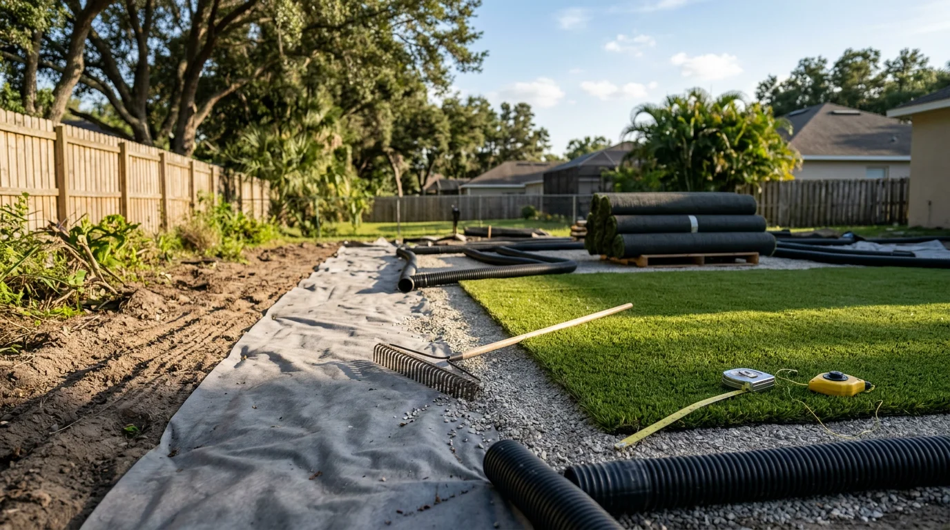 Freshly installed artificial turf in a Wesley Chapel backyard, showing clean edges along a pool surround and a uniformly green lawn surface under bright Florida sunlight. A residential home exterior is visible in the background, with the turf extending to a paved border.
