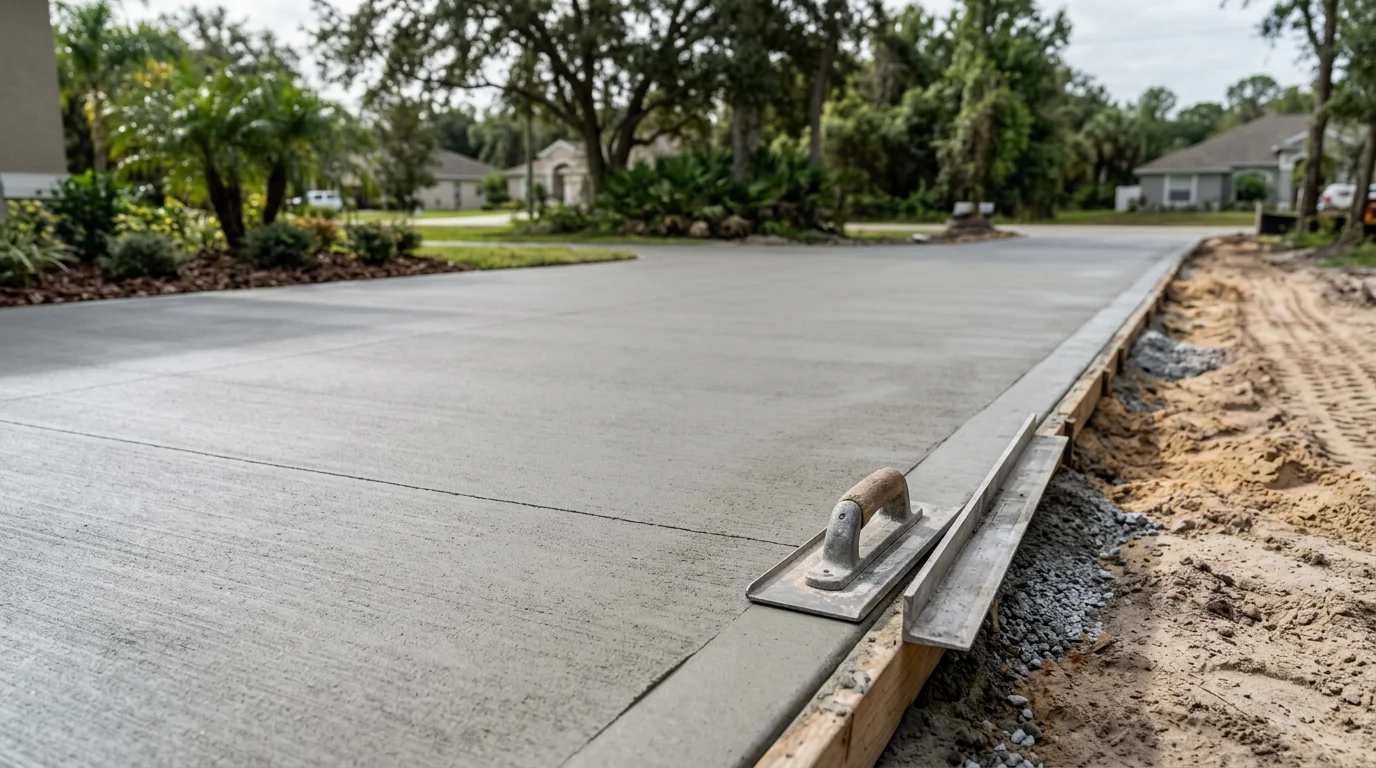 Freshly poured and finished concrete driveway at a residential home in Wesley Chapel, Florida, with clean edges, a smooth broom-textured surface, and a clear slope away from the garage.