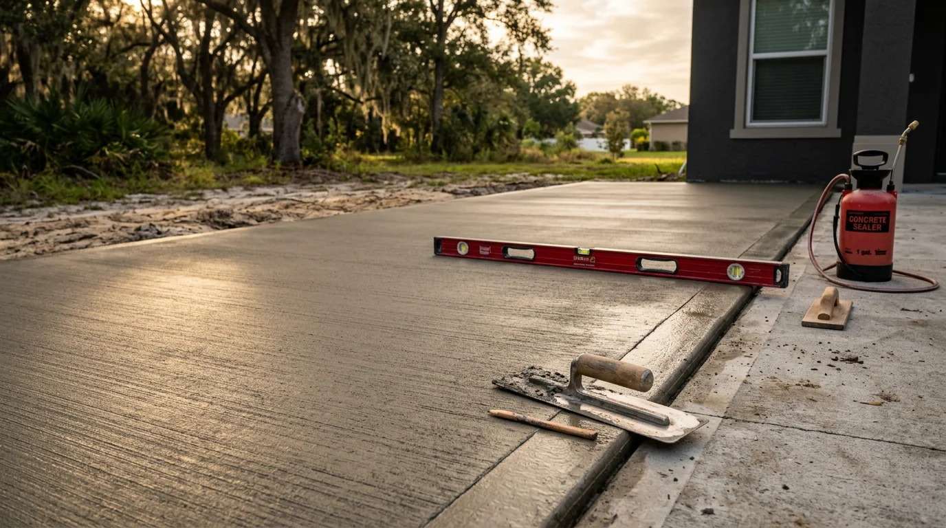 A freshly finished concrete surface outside a residential property in Wesley Chapel, Florida, showing a clean broom texture and neatly detailed edges. The slab is set against a typical Florida outdoor backdrop with green landscaping and bright natural light.