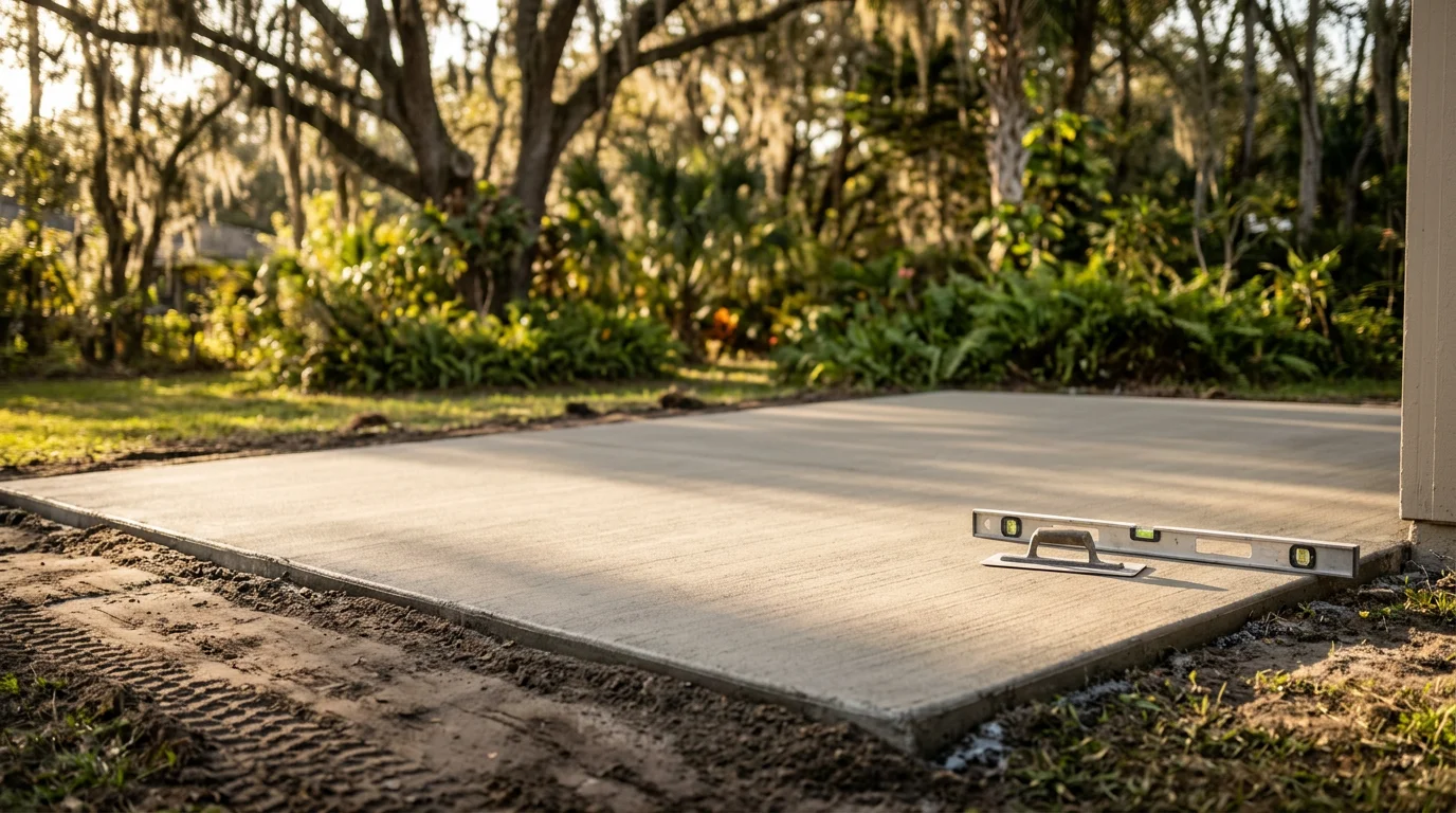 A freshly installed concrete patio behind a single-family home in Wesley Chapel, Florida, with a smooth brushed finish and clean edges bordering a green lawn. The surface is level and slopes gently away from the home's rear exterior wall.