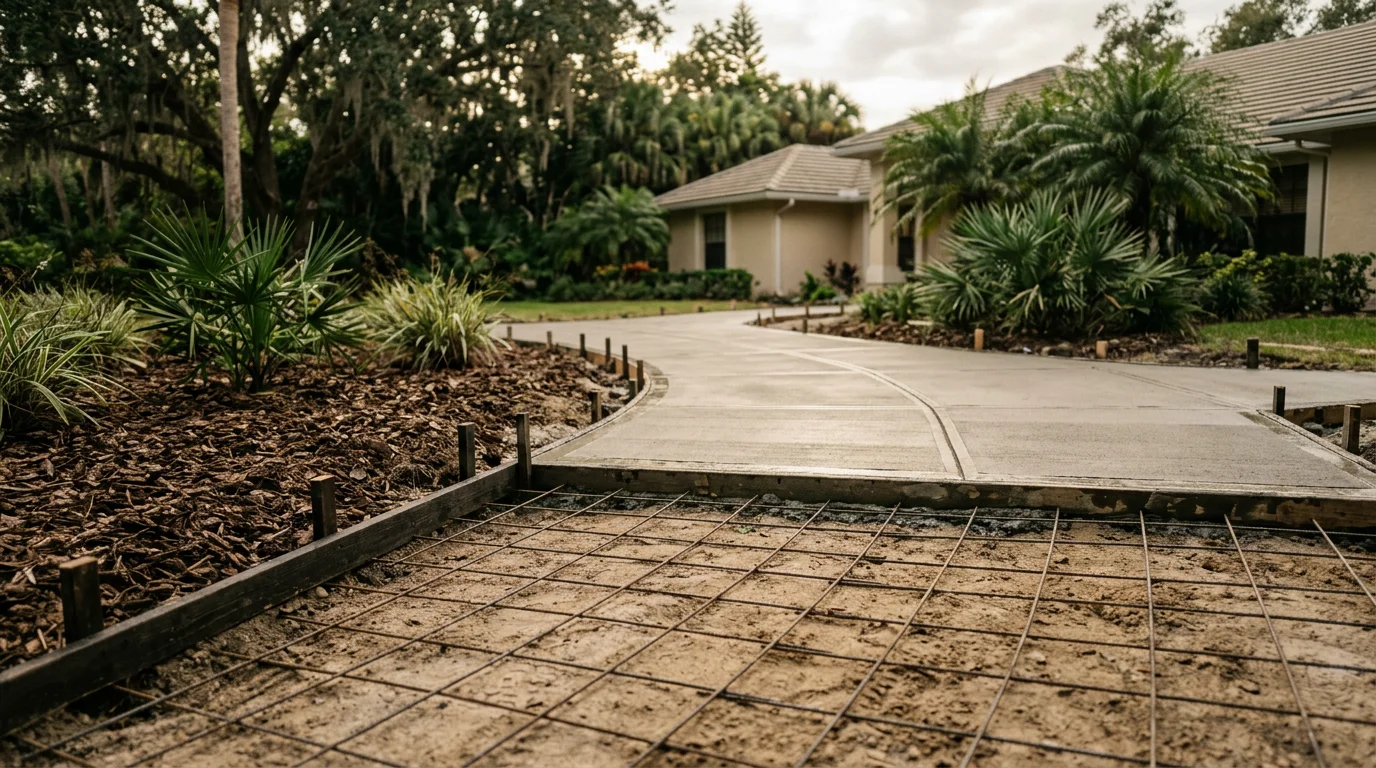 A freshly installed concrete walkway leading to the front entrance of a residential home in Wesley Chapel, Florida. The path features clean edges, a smooth finish, and a straight layout set against a well-maintained lawn.