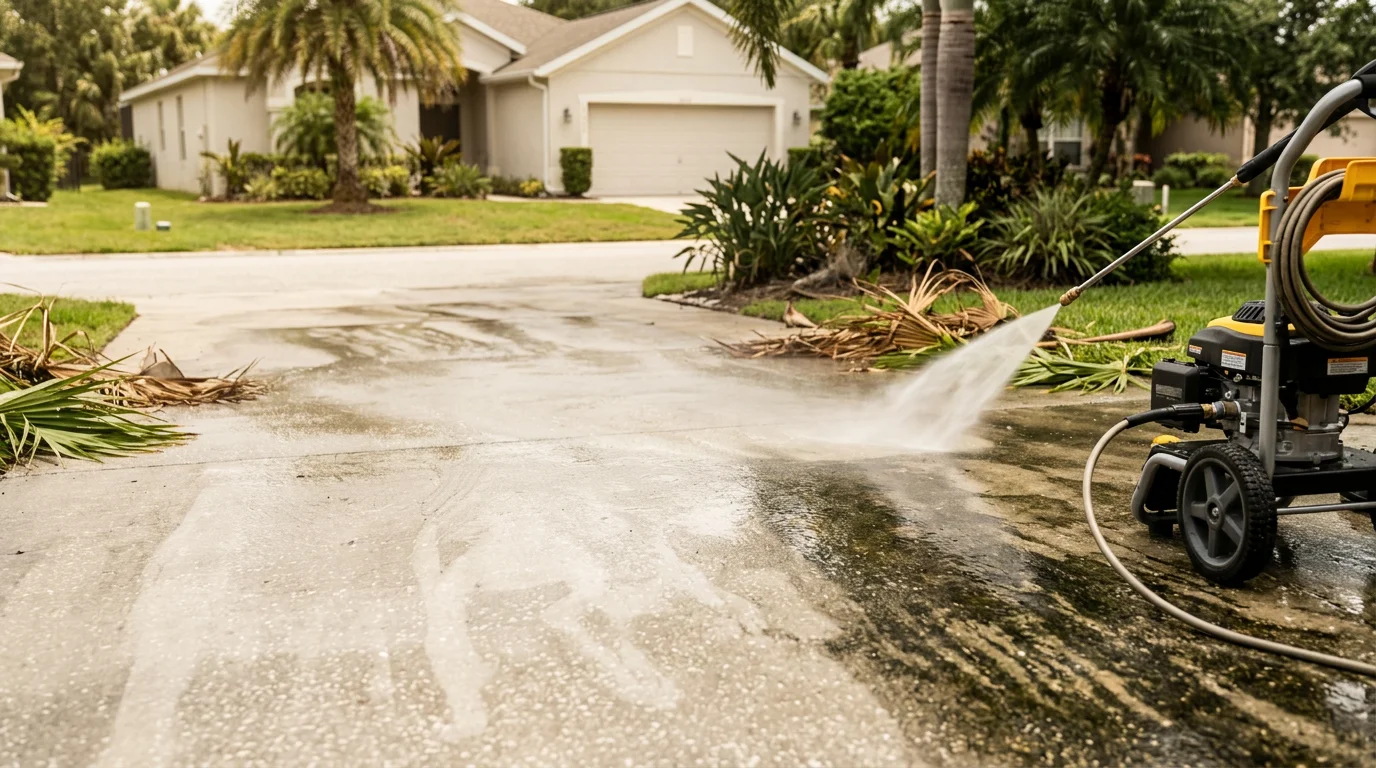 A residential concrete driveway in Wesley Chapel, Florida after pressure washing, showing clean gray surface free of algae streaks and dark staining. Modernscape LLC driveway pressure washing service result in the Tampa Bay area.