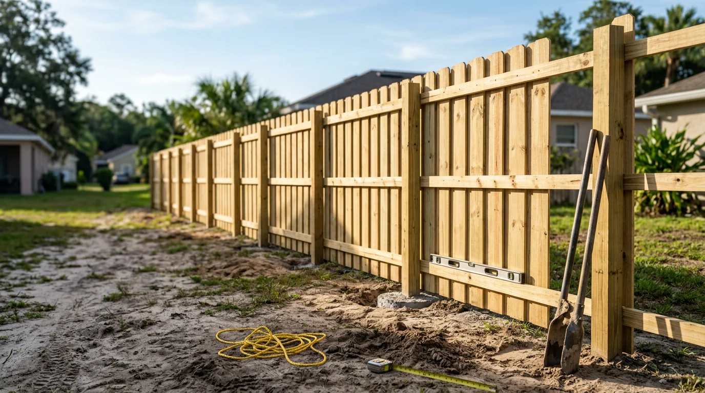 A newly installed privacy fence along the backyard perimeter of a residential home in Wesley Chapel, Florida. The fence runs alongside a green lawn with mature landscaping visible in the background.