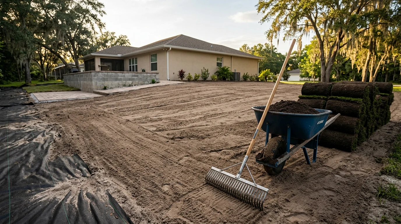 A Wesley Chapel residential yard after a full remodel by Modernscape LLC, showing fresh sod, defined planting beds, and clean edging along the home's exterior. The finished yard replaces patchy builder-grade landscaping with a structured, well-drained outdoor space.