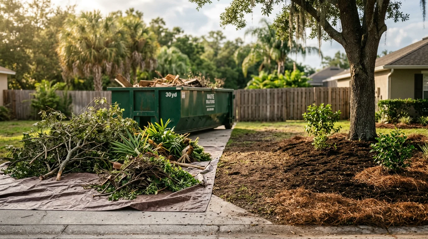 A Wesley Chapel residential yard after a professional landscape cleanup, showing cleared garden beds, removed storm debris, and tidy lawn edges. Modernscape LLC crew working in the Tampa Bay area.