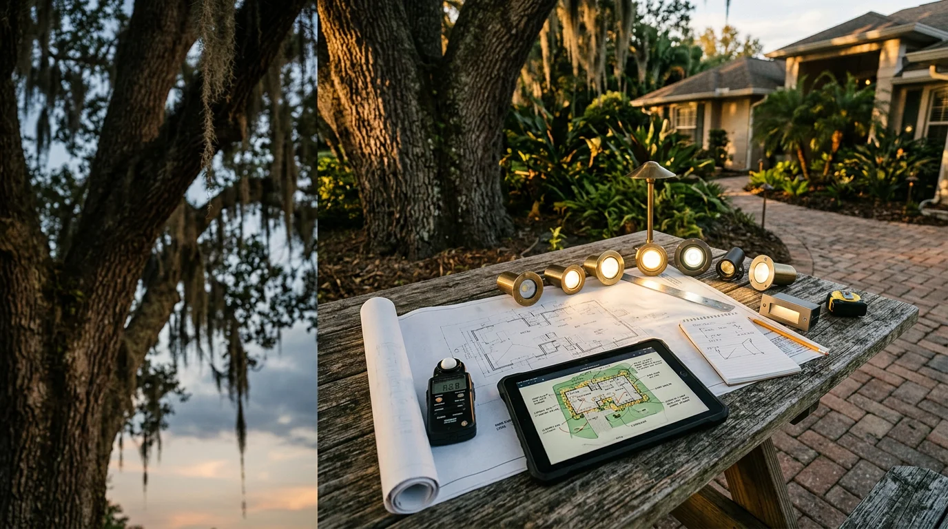 A Wesley Chapel home at night with a professionally designed landscape lighting plan illuminating palm trees, a paver driveway, and garden beds along the front facade. Warm-toned fixtures create layered light across the property without harsh glare or dark gaps.
