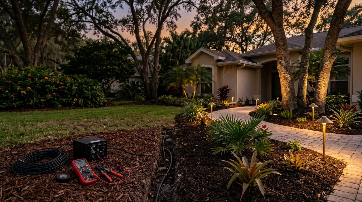 Professionally installed landscape lighting illuminating the front yard of a Wesley Chapel home at dusk, with uplighting on palm trees and ground-level fixtures along the entry walkway. The lawn and garden beds are clearly visible, showing the full extent of the lighting system across the property.