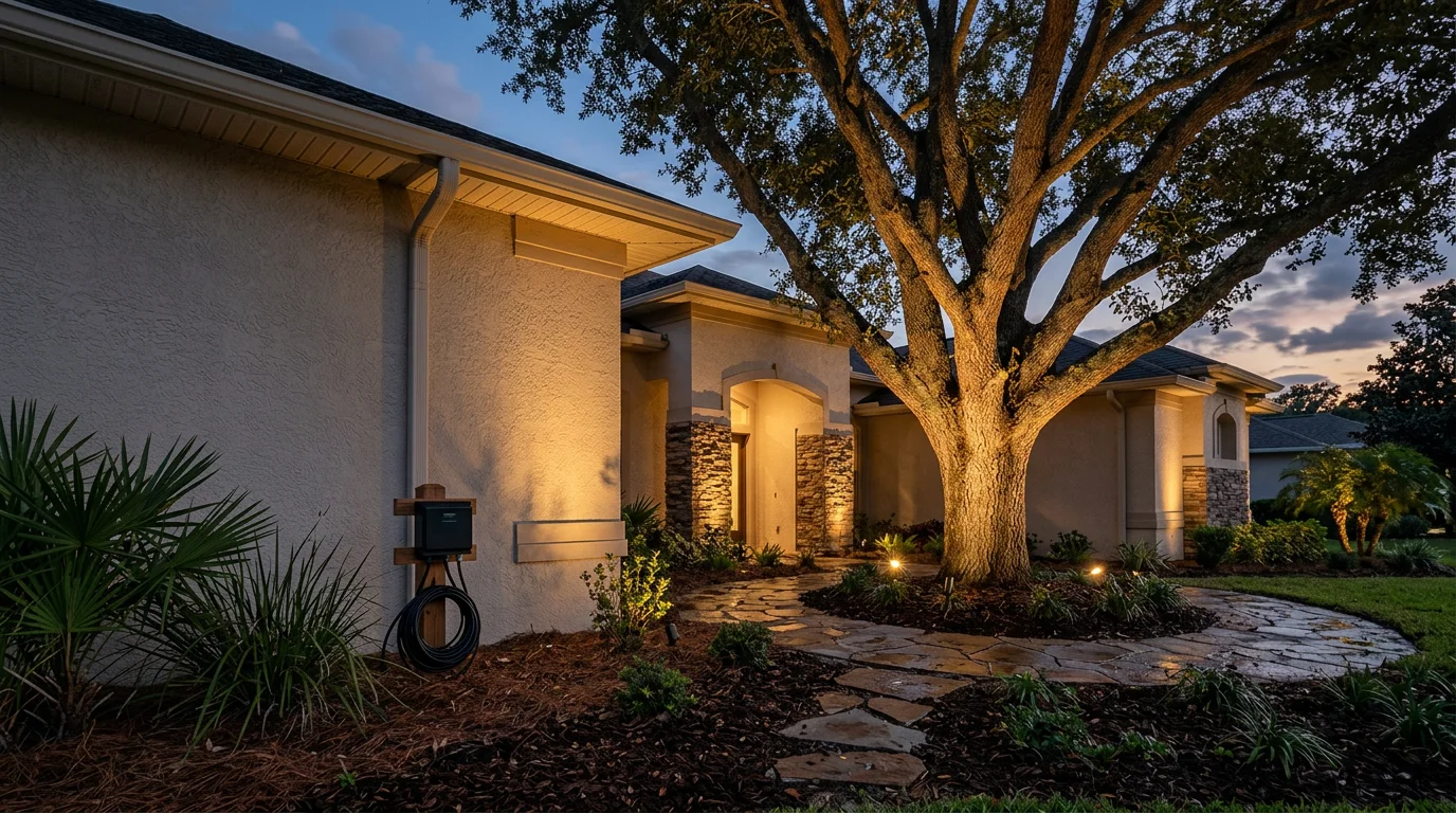 Outdoor accent lighting installed on a Wesley Chapel home, with uplighting highlighting a textured stucco facade and mature trees along the front yard. The scene shows a polished, well-lit exterior against a dark evening sky.