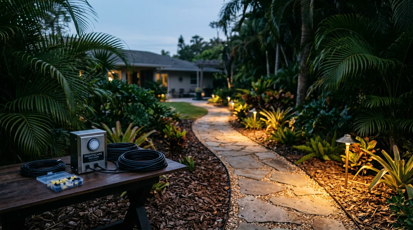 Professionally installed low-voltage pathway lights lining a curved front entry walkway at a Wesley Chapel home, with warm LED light illuminating paver edges and surrounding tropical plantings after dark.