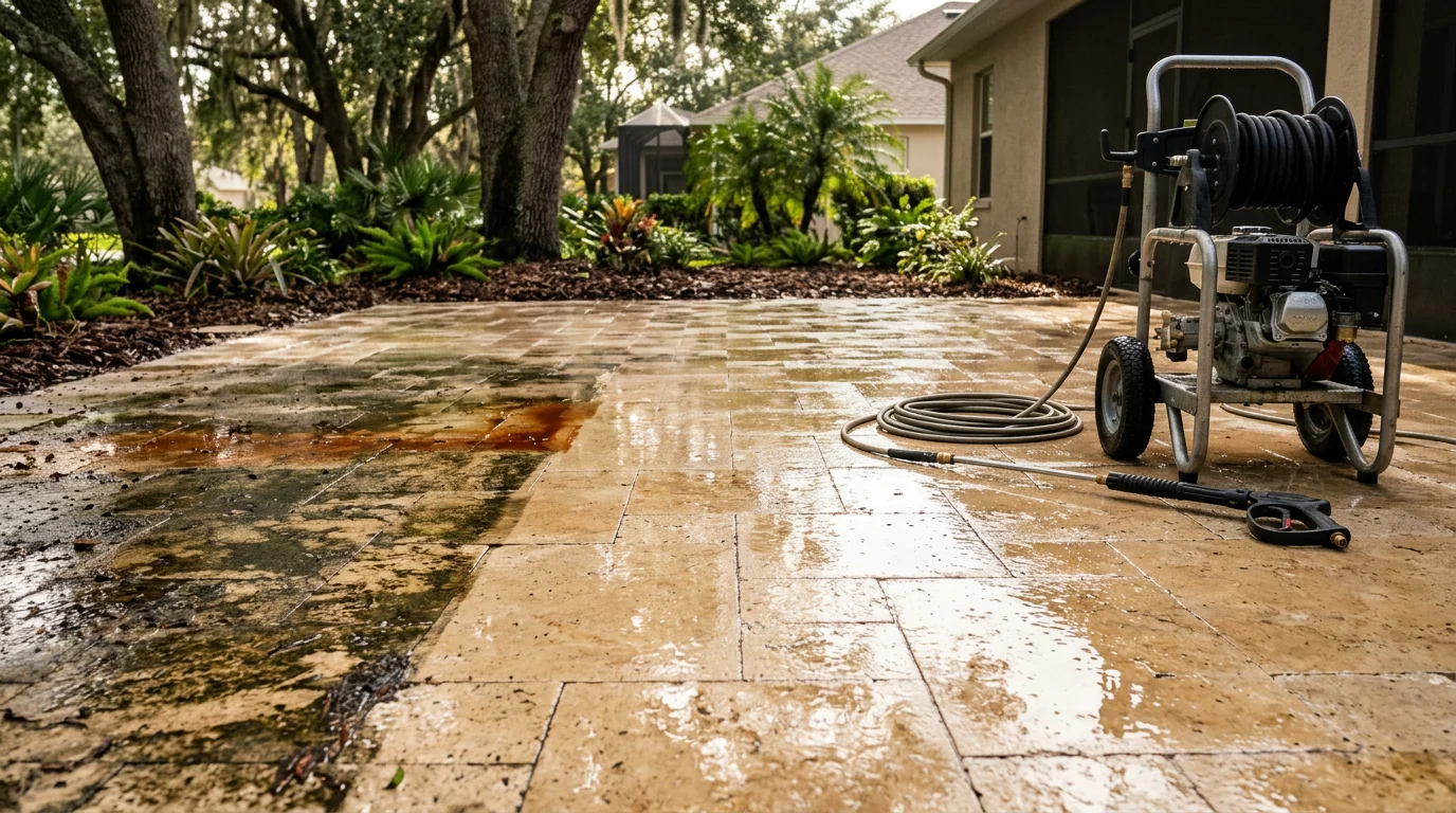 A clean concrete paver patio in Wesley Chapel, Florida after professional pressure washing, showing bright, even surface color with no algae or staining. Outdoor seating area with a cleared grill station visible in the background under a shaded lanai.