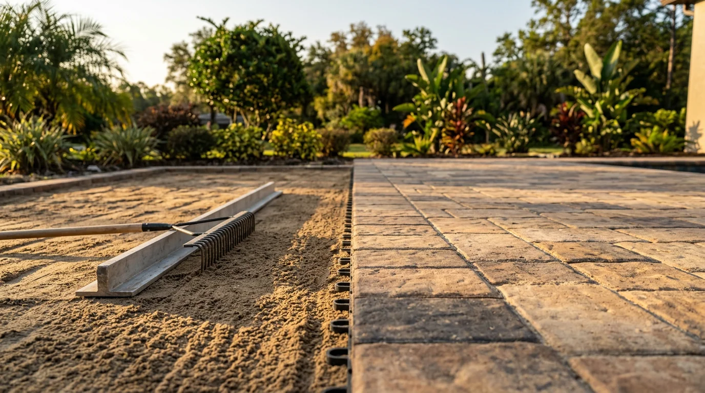 Freshly installed interlocking pavers forming a wide driveway and front walkway at a single-family home in Wesley Chapel, Florida. The paver surface shows clean joint lines and a compacted edge restraint with green landscaping visible along the border.