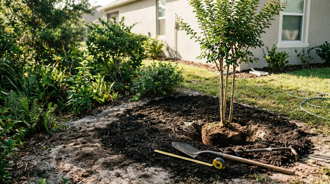 Freshly installed shade trees and flowering shrubs in a residential front yard in Wesley Chapel, Florida. Green plant beds with mulch border a home's entrance under bright Florida sunlight.