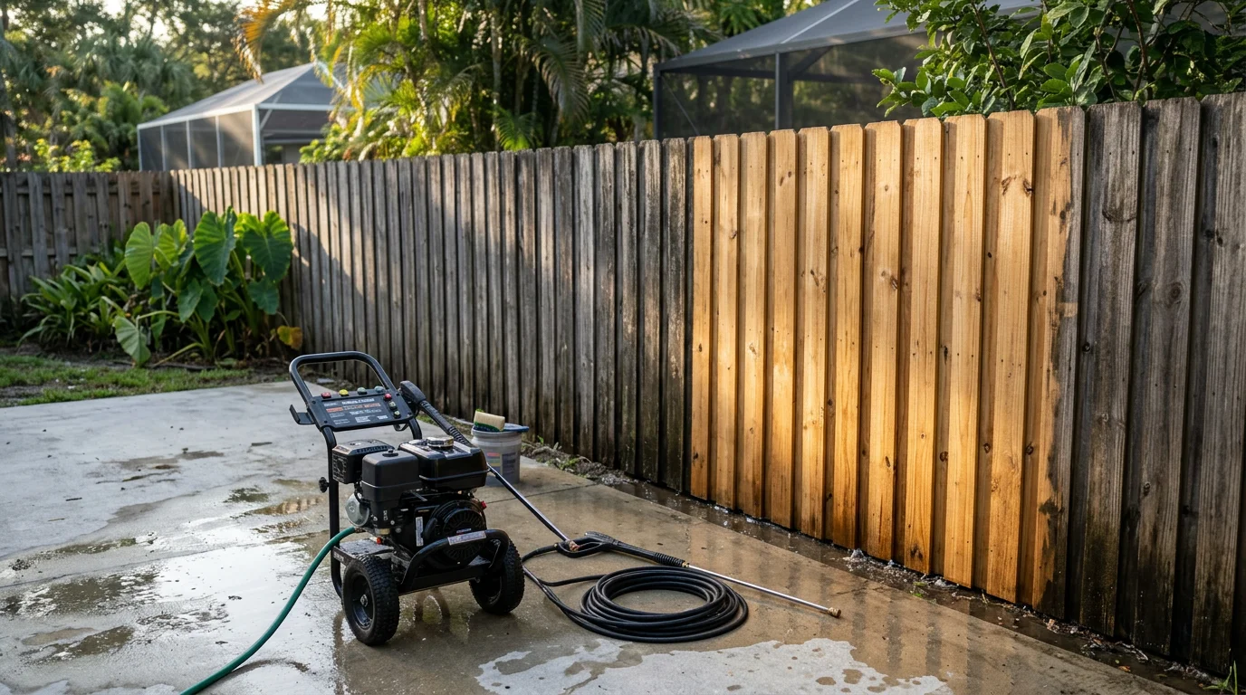 A Wesley Chapel home's stucco exterior and concrete walkway after professional pressure washing, showing clean surfaces free of algae streaks and dirt buildup. A fence line runs along the property edge with no visible mildew or discoloration.